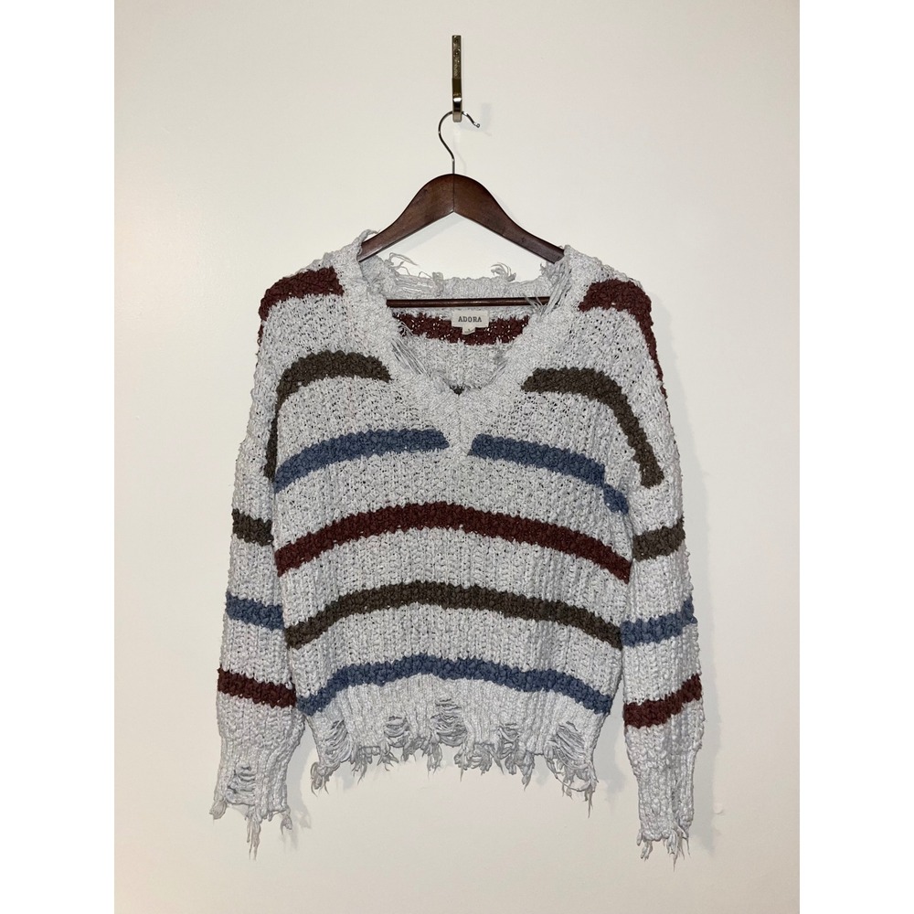 ADORA Striped Distressed Frayed‎ V Neck Sweater Cozy Chunky Knit Womens | Small